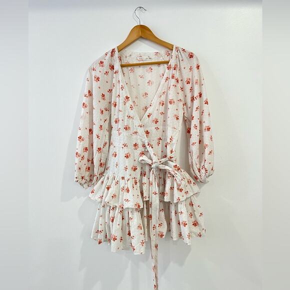 Maia Bergman Floral Ines Dress S Eyelet Wrap Pink White Travel Beach Bridal Grad - Picture 3 of 10